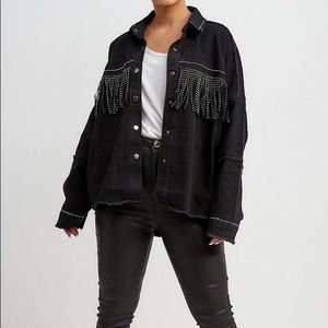 ZARA Black Denim Fringed Silver Stud Jacket